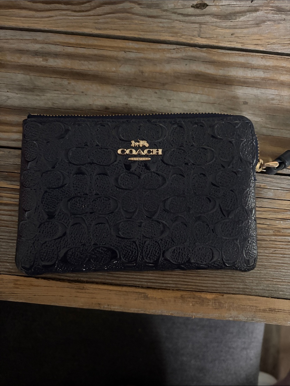 Coach Black Patent Leather Signature Wristlet Clutch with Gold Logo